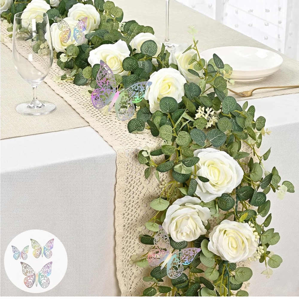 Elegant White Floral Table Runner with Butterflies 6 foot long.NWT